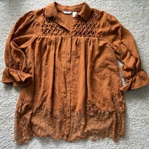 Kaktus Terracotta Blouse Smocked Yoke Ruffled Cuff Lace Trim Boho Peasant Chic